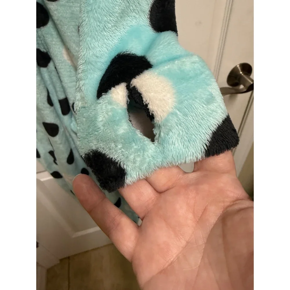 Justice Girls Blue Polka Dot Cat Hood Plush‎ Fleece One Piece Pajamas Size 8
